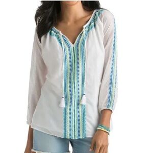 Vineyard Vines White and Blue Embroidered Tassle Tie Peasant Women's Top XXS